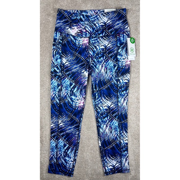 NWT Gaiam Medium Capri Yoga Pants Medium High Waist Blue White Palm Leaf Print - Picture 1 of 11